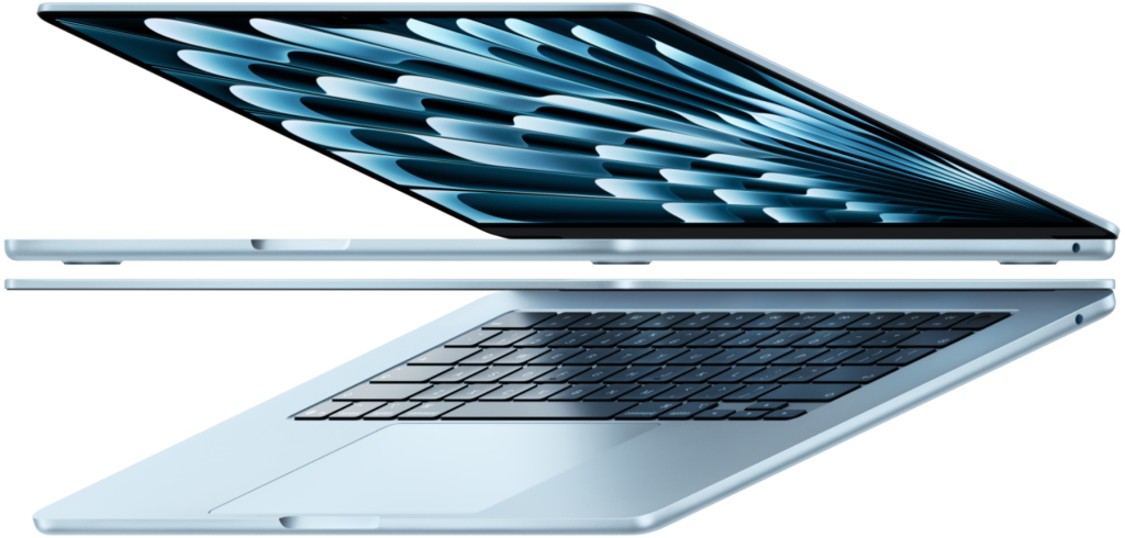 MacBook Air M5 in sky blue with open displays