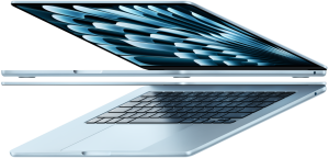 MacBook Air M5 in sky blue with open displays